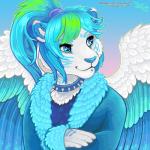 anthro blue_body blue_collar blue_eyes blue_fur clothed clothing cloud collar facial_piercing feathered_wings feathers female fur fur_trim hair lip_piercing outside piercing ponytail simple_background smile solo spiked_collar spikes text white_body white_fur wings tacoma tacoma_(character) felid mammal pantherine tiger 1:1 2018 digital_media_(artwork) digital_painting_(artwork) hi_res signature url