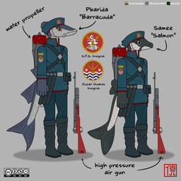 anthro bandolier boots bottomwear breasts clothed clothing duo female fin fish_tail footwear fully_clothed gun hat headgear headwear looking_at_viewer military military_uniform pants ranged_weapon rifle scales shoes simple_background soldier tail text topwear uniform warrior weapon alvidz cc-by-nc-nd creative_commons aquatic barracuda fish istiophoriform salmon salmonid_(fish) scalie 1:1 absurd_res digital_media_(artwork) english_text hi_res