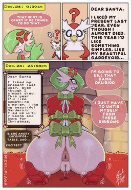 ambiguous_gender angry anthro anus big_butt blush bodily_fluids border bottomless bound butt clenched_teeth clothed clothing cross-popping_vein dialogue duo feet female footwear genital_fluids genitals green_body green_hair green_ribbon hair holidays kneeling looking_back pink_anus question_mark rear_view red_clothing red_eyes red_footwear red_socks short_hair socks speech_bubble teeth text vaginal_fluids vulva white_body white_border michi_plaga christmas nintendo pokemon delibird gardevoir generation_2_pokemon generation_3_pokemon humanoid pokemon_(species) absurd_res english_text hi_res