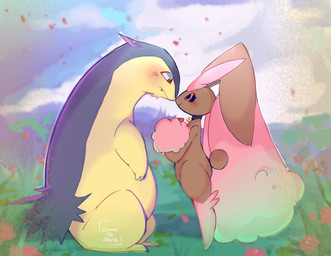 ambiguous_gender anthro blue_body blush brown_body eye_contact grass huge_ears looking_at_another lopunnite mega_stone outside pink_body plant sky yellow_body kummithestar nintendo pokemon generation_2_pokemon generation_4_pokemon lopunny pokemon_(species) shiny_pokemon typhlosion 2026