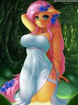 absurd_res accessory anthro anthrofied big_breasts blush bracelet breasts clothed clothing crotch_lines cutie_mark detailed_background digital_media_(artwork) equid equine feathered_wings feathers female flower flower_in_hair fluttershy_(mlp) friendship_is_magic fur green_eyes hair hair_accessory hand_behind_head hasbro hi_res jewelry legs_in_water looking_at_viewer mammal my_little_pony mythological_creature mythological_equine mythology partially_submerged pegasus pendant pink_hair plant redraw smile solo submerged_legs text twistedscarlett60 url water wet wide_hips wings yellow_body yellow_fur