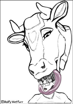 eyewear female feral glasses grazing larger_female larger_feral licking male simple_background size_difference smaller_human smaller_male tongue tongue_bathing tongue_curl tongue_on_face tongue_out white_background wolfywetfurr_(artist) bovid bovine cattle human mammal hi_res line_art story story_in_description