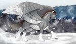 belly blurred_background brown_eyes brown_hair feathered_wings feathers feral fetlocks fur grey_body grey_fur hair leg_markings looking_at_viewer male markings running snow socks_(marking) solo spread_wings white_belly wings huskii-s mythology dallas_prairiewind equid equine mammal mythological_creature mythological_equine pegasus absurd_res hi_res