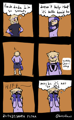 6_panel_comic annoyed anthro biped black_clothing black_shirt black_topwear blonde_hair bodily_fluids bottomwear clothed clothing dialogue fur grey_bottomwear grey_clothing grey_shorts hair jockstrap male multicolored_body multicolored_fur musk onomatopoeia orange_background purple_body purple_fur shirt shorts simple_background sniffing solo sound_effects speech_bubble sweat tail text thought_bubble topwear uncomfortable underwear borealhao lamapola vinea_(lamapola) domestic_ferret mammal mustelid musteline true_musteline weasel 2026 absurd_res comic dated digital_media_(artwork) english_text hi_res