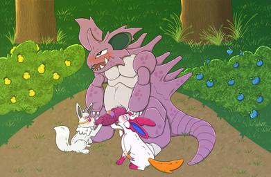 adult_on_young age_difference berry blush fellatio female feral food forest forest_background fruit group male male/female nature nature_background oral penile plant sex tree trio young whitefroggim nintendo pokemon gwen_the_sylveon yoyo_the_eevee eevee eeveelution generation_1_pokemon generation_6_pokemon nidoking pokemon_(species) sylveon hi_res