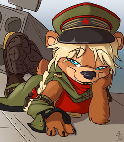 anthro arms_bent armwear bedroom_eyes bent_legs black_lips blonde_hair blue_eyes calves_up claws clothed clothing cute_fangs detached_sleeves fangs female footwear fully_clothed hair half-closed_eyes hat headgear headwear holding_head jacket lips loli looking_at_viewer lying machine mecha narrowed_eyes on_front outside pose raised_calf russian scut_tail seductive shirt short_tail solo soviet_union star star_clothing star_headwear star_polygon star_print star_print_hat tail teeth topwear young young_anthro young_female fuf tanya_(jadebrewpaw) bear brown_bear mammal ursine hi_res pinup