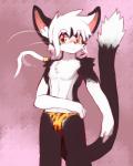 animal_print anthro blush bulge clothed clothing hair looking_at_viewer male ponytail solo thong topless underwear whiskers young young_male whiteleo kay_(whiteleo) domestic_cat felid feline felis mammal 4:5 hi_res