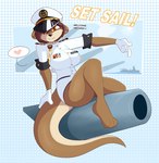 anthro barefoot battleship black_nose brown_hair clothed clothing feet female gloves hair handwear hat headgear headwear heart_symbol looking_at_viewer navy orange_eyes ship short_hair smile solo text uniform vehicle warship watercraft white_clothing white_gloves white_handwear kilinah pearl_aurora mammal mustelid otter 2022 english_text hi_res