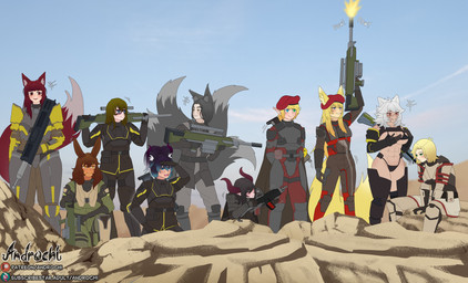 armor beret clothed clothing desert female firing_weapon fox_ears group gun gun_on_shoulder hands_behind_back hat headgear headwear holding_object holding_weapon kneeling looking_at_another looking_into_the_distance male pointy_ears ranged_weapon sitting sitting_on_ground skimpy skimpy_bikini tail weapon androchi helldivers animal_humanoid canid canid_humanoid canine canine_humanoid demon fox fox_humanoid humanoid mammal mammal_humanoid absurd_res hi_res