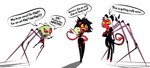 antennae_(anatomy) black_hair bow_tie dialogue female green_body group hair horn machine male not_furry red_body red_skin simple_background speech_bubble tail text voice_actor_joke white_background white_hair yellow_sclera dan232323 helluva_boss invader_zim nickelodeon gir_(invader_zim) millie_(helluva_boss) moxxie_(helluva_boss) zim_(invader_zim) alien alien_humanoid canid canine canis demon demon_humanoid domestic_dog humanoid imp irken mammal robot english_text hi_res