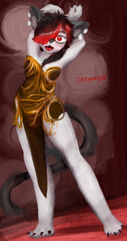 4_toes anthro black_hair black_tail clothed clothing crossdressing dress ear_piercing feet fur glistening glistening_eyes gold_(metal) golden_clothing grey_ears hair hair_over_eye hands_up male nails one_eye_obstructed piercing ponytail red_eyes red_hair simple_background solo standing tail toes tongue tongue_out white_body white_fur just_dryvern felid feline mammal digital_media_(artwork) digital_painting_(artwork) hi_res painting_(artwork)