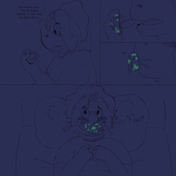 ageplay anthro blush clothed clothing dialogue facial_hair facial_horn glowing horn infantilism nose_horn object_in_mouth onomatopoeia open_mouth pacifier pacifier_in_mouth pillow roleplay solo sound_effects speech_bubble text dinopalcooper harvey_(dinopalcooper) ceratopsian dinosaur ornithischian prehistoric_species reptile scalie triceratops 1:1 2019 comic digital_media_(artwork) english_text hi_res spot_color