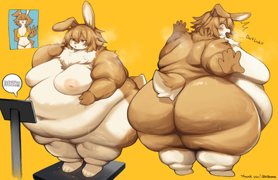 5_fingers anthro areola before_and_after belly big_belly big_breasts big_butt bikini black_nose blush bodily_fluids breasts brown_body brown_fur brown_hair butt clothing fat_arms fat_legs fat_rolls female fingers fur gesture hair hand_gesture kemono long_ears looking_at_viewer morbidly_obese morbidly_obese_anthro morbidly_obese_female multicolored_body multicolored_fur musk navel neck_tuft nipples nude obese obese_anthro obese_female open_mouth overweight overweight_anthro overweight_female pink_eyes scut_tail short_tail side_belly side_boob simple_background solo standing sweat sweatdrop sweaty_belly sweaty_butt swimwear tail text tuft two-piece_swimsuit two_tone_body two_tone_fur v_sign weighing_scale weight_conscious weight_gain white_body white_fur yellow_background sue36v yumi_(ate) lagomorph leporid mammal rabbit 2026 absurd_res alternate_version_at_source english_text hi_res signature