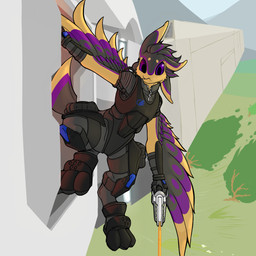 3_toes 4_ears :3 ambiguous_gender anthro armor avalon_(avali_homeworld) black_armor black_body boots clothed clothing cute_fangs digitigrade fangs feathered_crest feathers feet footwear head_crest illuminate_trifeather looking_forward multi_ear plant purple_eyes purple_sclera shoes simple_background solo tan_body teeth toes tree vehicle weapon winged_arms wings compound_lift jiroku alien avali avian 1:1 hi_res