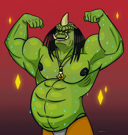 abs belly big_belly black_hair bodily_fluids flexing green_body green_skin hair horn jewelry male musclegut muscular muscular_arms muscular_male necklace nipples not_furry pecs red_eyes solo sweat tusks sayrantesis rampage_(game) krupok alien humanoid hi_res
