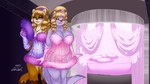 anthro babydoll big_breasts blonde_hair breasts cleavage clothed clothing cosplay duo female fur hair hand_fan lingerie machine mottled nightgown panties piebald purple_body purple_fur translucent translucent_clothing underwear peterandwhitney austin_powers ezzy_(pnc) whitney_(pnc) calico_cat domestic_cat felid feline felis mammal robot