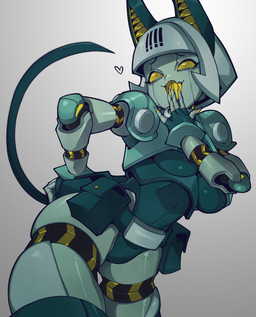 animal_ears animal_tail belt breasts clothing empty_eyes eyelashes female fingerless_gloves gloves green_body green_clothing green_gloves green_handwear green_leotard grey_background grey_hair hair hand_on_hip handwear heart_symbol leotard machine short_hair simple_background solo thick_thighs under_boob wide_hips yellow_eyes waa153 skullgirls robo-fortune animal_humanoid cat_humanoid felid felid_humanoid feline feline_humanoid humanoid mammal mammal_humanoid robot robot_humanoid hi_res