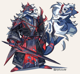 anthro anthrofied asian_clothing clothed clothing east_asian_clothing eye_scar facial_scar hair holding_melee_weapon holding_object holding_sword holding_weapon japanese_clothing kimono long_hair male melee_weapon pokemorph red_nose scar sword tied_hair weapon white_hair graysheartart nintendo pokemon generation_8_pokemon hisuian_form hisuian_samurott pokemon_(species) regional_form_(pokemon) 2022 absurd_res colored hi_res multiple_images signature