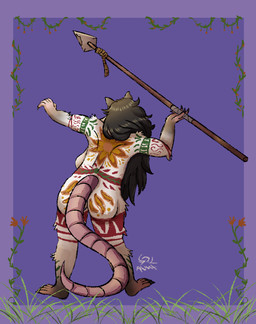 anthro big_breasts black_hair bodypaint breasts claws female finger_claws hair larger_female long_hair melee_weapon polearm size_difference solo spear tail teeth text toe_claws weapon soulanima venny_nykopp american_opossum mammal marsupial virginia_opossum