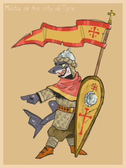 anthro armor belt boots border clothing cross fish_tail flag footwear gesture hand_gesture headgear helmet male medieval medieval_armor medieval_clothing medieval_fantasy open_mouth pointing shield shoes solo tail teeth teeth_showing text tongue yellow_border mawkvlt aquatic fish 3:4 hi_res