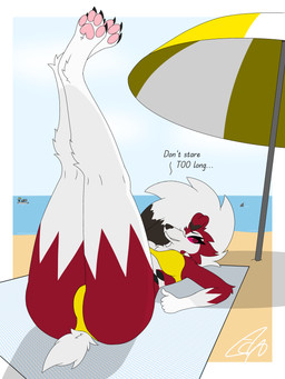 anthro beach beach_towel beach_umbrella bikini boat breasts butt claws clothing countershading dialogue female fur gesture hand_gesture legs_together legs_up lying markings medium_breasts multicolored_body on_back parasol pawpads paws pink_sclera presenting presenting_hindquarters red_body red_eyes red_fur sea shark_fin short_tail solo swimwear tail text thumbs_up towel tuft two-piece_swimsuit two_tone_body umbrella vehicle water watercraft white_body white_fur echotastrophe nintendo pokemon background_character canid generation_7_pokemon lycanroc mammal midnight_lycanroc pokemon_(species) 2026 3:4 absurd_res english_text hi_res shaded signature simple_shading