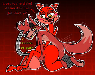 annoyed anthro breasts dialogue doggystyle duo eye_patch eyewear female from_behind_position fur gold_(metal) gold_tooth long_neck machine male male/female metal_feet red_body red_fur sex text yellow_eyes skeletonhearts five_nights_at_freddy's scottgames foxi_(skeletonhearts) foxy_(fnaf) animatronic canid canine fox mammal robot hi_res