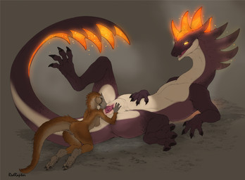 anthro anthro_on_feral anus bestiality bioluminescence breasts brown_body brown_feathers butt claws digitigrade duo embers feathers female female/female female_anthro female_feral female_on_anthro female_on_feral feral finger_claws genitals glowing glowing_eyes grey_background kneeling larger_female larger_feral long_neck long_tail looking_at_another looking_at_genitalia looking_at_vulva lying non-mammal_breasts on_back scuted_arms scuted_legs scutes simple_background size_difference smaller_anthro smaller_female snout spread_legs spread_vulva spreading tail toe_claws vulva yellow_eyes redraptor16 mythology nerys dinosaur dragon feathered_dinosaur feathered_scalie mythological_creature mythological_scalie prehistoric_species reptile saurischian scalie theropod tyrannosauroid wingless_dragon yutyrannus hi_res shaded