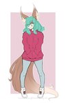 anthro blue_hair blue_nose bottomwear clothing coat denim denim_bottomwear denim_clothing ear_piercing female footwear hair jeans long_ears long_tail looking_away pants piercing shoes simple_background solo tail topwear yellow_eyes hazelkisses canid canine canis domestic_dog mammal 2022