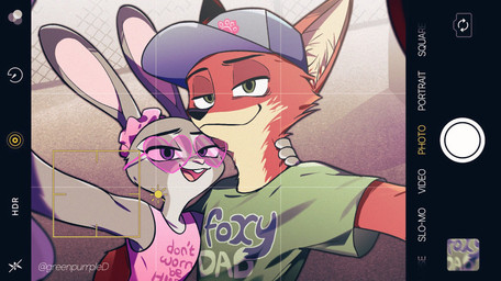 anthro clothing detailed_background duo electronics eyewear female fur glasses green_eyes grey_body grey_fur half-closed_eyes hat headgear headwear heart_glasses male male/female multicolored_body narrowed_eyes open_mouth orange_body orange_fur outside phone photo purple_eyes selfie shirt smile smiling_at_viewer teeth text text_on_clothing tongue topwear two_tone_body greenpurrpled android_(os) disney google zootopia judy_hopps nick_wilde canid canine european_rabbit fox lagomorph leporid mammal oryctolagus rabbit red_fox true_fox 2025 hi_res