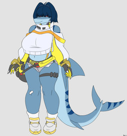 alternate_costume anthro bandage bangs big_breasts biped blue_body blue_hair bottomwear breasts clothed clothed_anthro clothed_female clothing cosplay cropped_sweater female fin fingers footwear front_view gills gloves grey_background grey_bottomwear grey_clothing grey_shorts hair handwear hotpants huge_breasts humanoid_hands legband long_tail looking_at_viewer markings medium_hair navel non-mammal_breasts non-mammal_navel red_eyes shoes shorts simple_background smile solo striped_markings stripes sweater tail tail_fin text topwear white_clothing white_sweater white_topwear hyuvevo goddess_of_victory:_nikke elegg_(nikke) valerie_(mellowcapsaicin) aquatic fish shark absurd_res artist_name full-length_portrait hi_res portrait