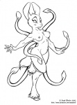 anthro biped breasts female hooves nipples nude on_one_leg simple_background smile solo standing tentacles white_background manawolf babylon_5 li deity lagomorph leporid mammal rabbit 2000 black_and_white monochrome