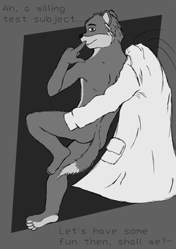 anthro butt clothing coat fur half-closed_eyes lab_coat looking_at_viewer looking_back male motion_lines multicolored_body narrowed_eyes nude nude_anthro nude_male pose rear_view simple_background slim smile smirk smug solo text topwear two_tone_body inugami_beast remember_the_flowers artemis_(remember_the_flowers) mammal mustelid musteline true_musteline weasel absurd_res english_text greyscale hi_res monochrome pinup