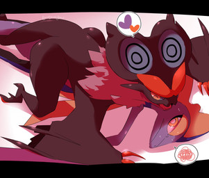 annoyed black_bars black_body bodily_fluids claws duo feral fur heart_symbol love male neck_tuft on_top pinned pinned_to_ground sweat tail tuft winged_arms wings moesouna_gomi nintendo pokemon generation_6_pokemon generation_8_pokemon inteleon noivern pokemon_(species) archived_source hi_res