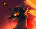 ambiguous_gender armor feral fur glowing grey_body grey_fur hair headgear helmet horn implied_fire outside red_eyes red_hair sky solo rodrigues404 hasbro my_little_pony fan_character khaoios_(character) equid equine horse mammal pony animated short_playtime