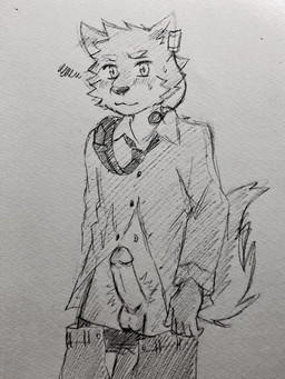 accessory anthro balls belly blush bodily_fluids bottomwear clothed clothing genitals male navel necktie open_bottomwear open_clothing open_pants pants partially_clothed penis pubes shirt solo sweat topwear unbuttoned_shirt worried worried_look bo_ru_zoy furloid utau rouka_azuma canid canine canis mammal wolf graphite_(artwork) traditional_media_(artwork)