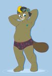 anthro blonde_hair blue_eyes briefs buckteeth bulge clothing colored_seam_underwear eyewear freckles hair hat headgear headwear male navel nipples pattern_briefs print_briefs print_clothing print_underwear slightly_chubby solo sunglasses teeth underwear smogware animal_crossing nintendo c.j._(animal_crossing) beaver mammal rodent hi_res