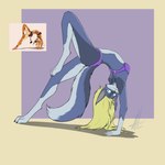 anthro arched_back blonde_hair bra clothing female green_eyes hair panties solo stretching underwear yoga commandercross charity_cross canid canine canis mammal wolf 1:1 hi_res