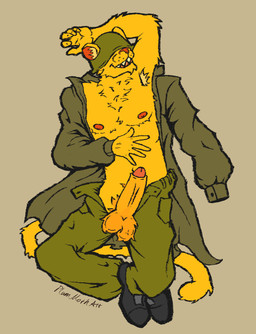anthro armpit_hair balls body_hair boots chest_tuft clothing footwear genitals hidden_eyes male military military_uniform nipples penis pubes relaxing sharp_teeth shoes solo tail teeth tuft twunk undressing uniform plum_moth velvet_moth felid lion mammal pantherine absurd_res hi_res