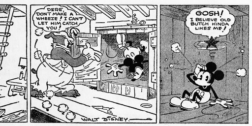 4_fingers anthro clothed clothing dialogue duo feet fingers hat headgear headwear inside ladder male running sitting tail tail_grab teeth text earl_duvall floyd_gottfredson disney public_domain butch_(mickey_mouse) mickey_mouse bulldog canid canine canis domestic_dog mammal mastiff molosser mouse murid murine rodent 1930 20th_century absurd_res ancient_art comic dated english_text hi_res monochrome signature