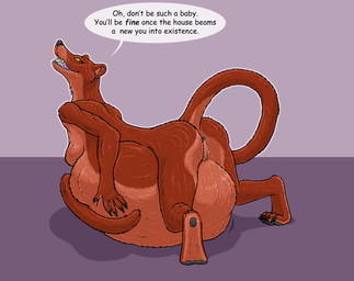 anthro anthro_pred anus belly big_belly breasts brown_body brown_fur dialogue female female_anthro female_pred fully_inside fur genitals huge_belly long_tail lying on_front prehensile_tail resting_on_belly same_size_vore simple_background solo speech_bubble tail talking_to_prey text vore vulva whiskers yellow_eyes strega mira_(strega) english_text hi_res