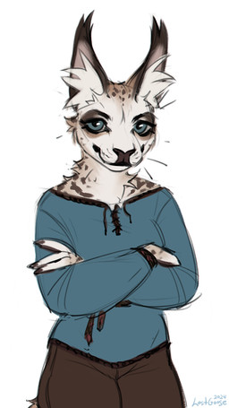 anthro blue_clothing blue_eyes blue_topwear brown_nose cheek_tuft clothed clothing crossed_arms facial_spots facial_tuft female female_anthro front_view fur glistening glistening_eyes inner_ear_fluff looking_at_viewer mouth_closed narrowed_eyes neck_tuft simple_background solo spotted_face spotted_neck tan_body tan_fur topwear tuft white_background white_body white_fur white_inner_ear_fluff lostgoose felid mammal 2024 9:16 bust_portrait dated hi_res portrait signature