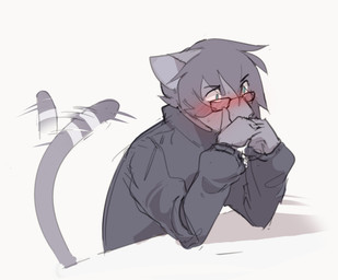 anthro blue_eyes blush blush_lines constricted_pupils elbows_on_table eye_through_hair eyebrow_through_hair eyebrows eyewear fur glasses grey_body grey_fur grey_hair hair male pupils simple_background small_pupils solo tail tail_motion tailwag translucent translucent_hair wearing_glasses white_background notglacier silvermist_(notglacier) domestic_cat felid feline felis mammal 2017 digital_drawing_(artwork) digital_media_(artwork) hi_res male_(lore)