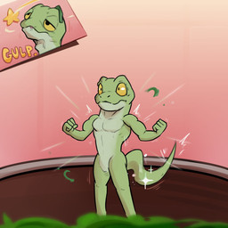 4_fingers anthro athletic athletic_anthro athletic_male can container dizzy eating featureless_crotch fingers fist food green_body growth male muscle_growth plant red_background seeing_stars simple_background solo spinach standing tail vegetable yellow_sclera waddledox gecko lizard reptile scalie 1:1 2026 hi_res