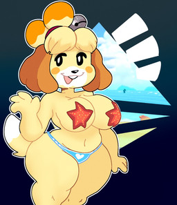 anthro big_breasts black_eyes black_nose blue_clothing blue_swimwear breasts clothed clothing dipstick_tail eyelashes female floppy_ears front_view fur looking_at_viewer lop_ears markings navel open_mouth open_smile pasties rosy_cheeks smile solo starfish_(accessory) starfish_bra swimwear tail tail_markings thick_thighs topless white_body white_fur wide_hips yellow_body yellow_fur mschaox6 animal_crossing nintendo isabelle_(animal_crossing) aquatic asterozoan canid canine canis domestic_dog echinoderm mammal shih_tzu starfish toy_dog hi_res