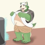 anthro barefoot belly bottomwear clothing eyebrows fan_(object) feet fur green_body green_fur kerchief male moobs navel overweight shorts solo thick_eyebrows toto3_official lifewonders live_a_hero mokdai canid canine canis domestic_dog mammal absurd_res hi_res