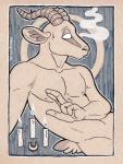 abstract_background anthro candle horn male nipples no_pupils nude smoke solo chewycuticle tyron_mhorr bovid caprine goat mammal 2017 traditional_media_(artwork)