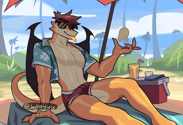 aloha_shirt anthro athletic beach black_wings brown_hair clothed clothing cooler day detailed_background digit_ring drinking_straw eyewear finger_ring glass hair jewelry male orange_body orange_tongue parasol pattern_clothing pattern_shirt pattern_topwear pecs shadow shirt sitting sky solo sunglasses swimming_trunks swimwear tail text three-quarter_view tongue tongue_out topwear wings jaybeyyy mythology aldrake_(jaybeyyy) dragon mythological_creature mythological_scalie scalie 2025 digital_media_(artwork) hi_res url
