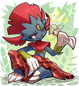 ambiguous_gender anthro bamboo blue_body blue_fur claws clothing dark_body dress duo ear_piercing ear_ring eyelashes fangs feathers forest fur half-closed_eyes leaf_clothing narrowed_eyes piercing plant red_eyes relaxing ring_piercing rock sitting teeth tree wings blitzdrachin conditional_dnp nintendo pokemon pokemon_mystery_dungeon spike_chunsoft arthropod cutiefly felid feline generation_4_pokemon generation_7_pokemon mammal pokemon_(species) weavile