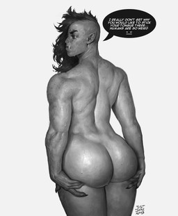 back_muscles big_butt bodily_fluids bubble_butt butt dialogue female half-shaved_head humanoid_pointy_ears muscular muscular_female not_furry nude pointy_ears rear_view sweat sweaty_butt text tusks undercut justsomenoob humanoid orc 2023 absurd_res english_text hi_res monochrome