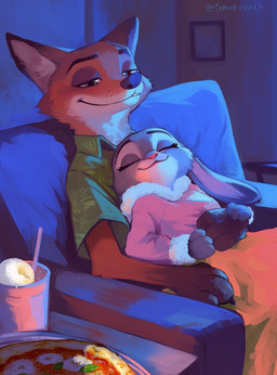 4_fingers accessory anthro claws closed_smile clothed clothed_anthro clothed_female clothed_male clothing container countershade_face countershade_neck countershading cuddling cup daww detailed_background dipstick_ears duo ear_markings eyebrows eyelashes eyes_closed female female_anthro finger_claws fingers food fully_clothed fully_clothed_anthro fully_clothed_female fully_clothed_male fur fur_trim_(clothing) furniture green_eyes grey_body grey_fur half-closed_eyes happy hug inside iris larger_male male male/female male_anthro mouth_closed multicolored_body multicolored_ears narrowed_eyes necktie night orange_body orange_fur philtrum pink_nose pizza pupils size_difference smaller_female smile snout sofa tail text twitter_handle two_tone_body white_body white_countershading tomoe00022 disney zootopia judy_hopps nick_wilde canid canine european_rabbit fox lagomorph leporid mammal oryctolagus rabbit red_fox true_fox 2025 artist_name hi_res